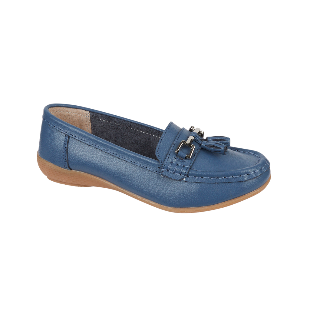 Blue leather loafer shoe with tassel silver trim Nautical JO & JOE