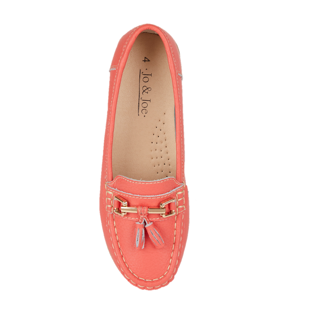 Coral leather loafer shoe with tassel gold trim Nautical JO & JOE