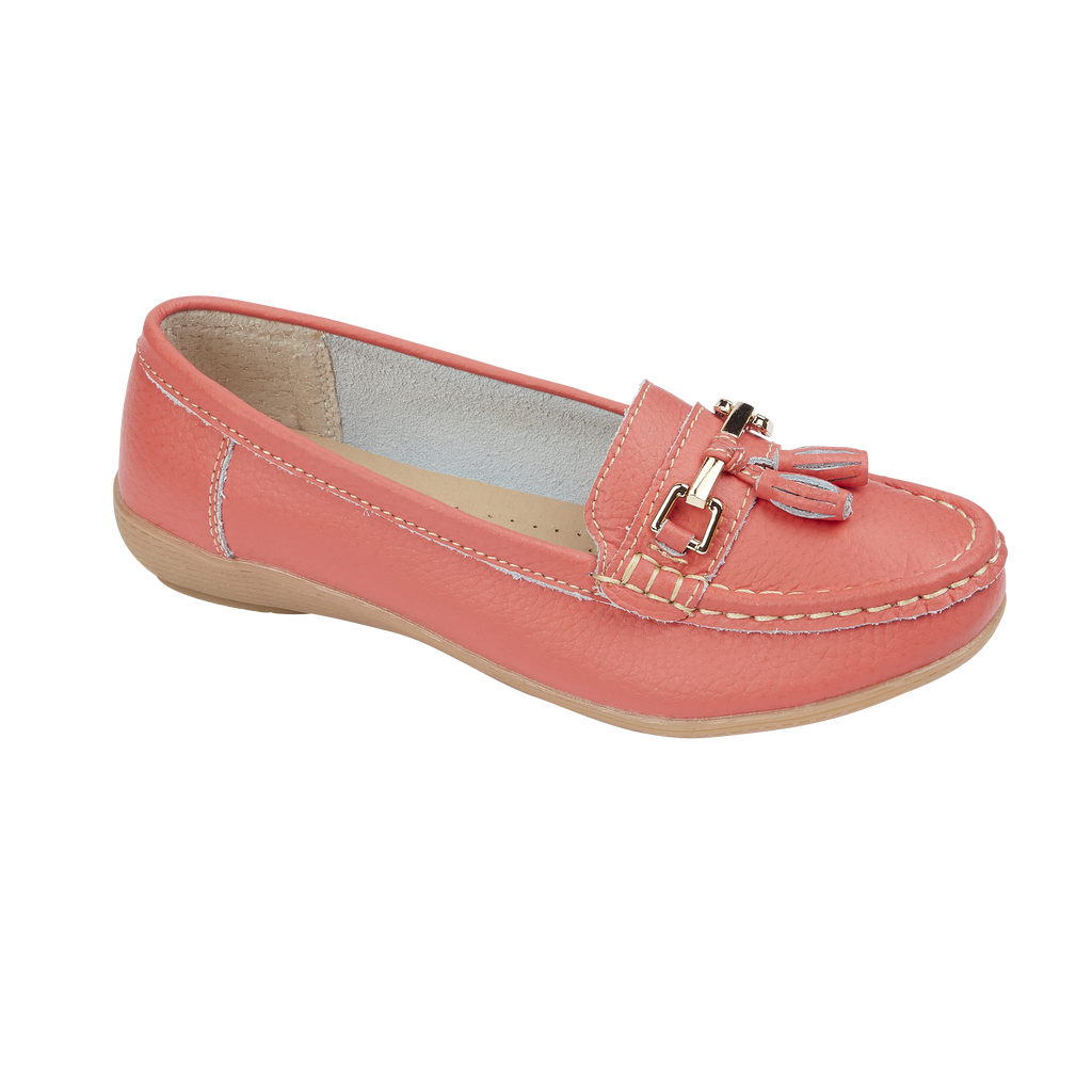 Coral leather loafer shoe with tassel gold trim Nautical JO & JOE