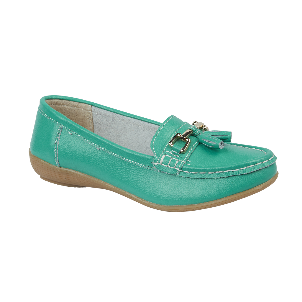 Turquoise leather loafer shoe with tassel gold trim Nautical JO & JOE