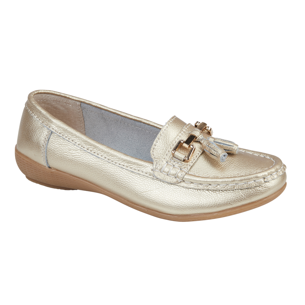 Gold metallic leather loafer shoe with tassel gold trim Nautical JO & JOE