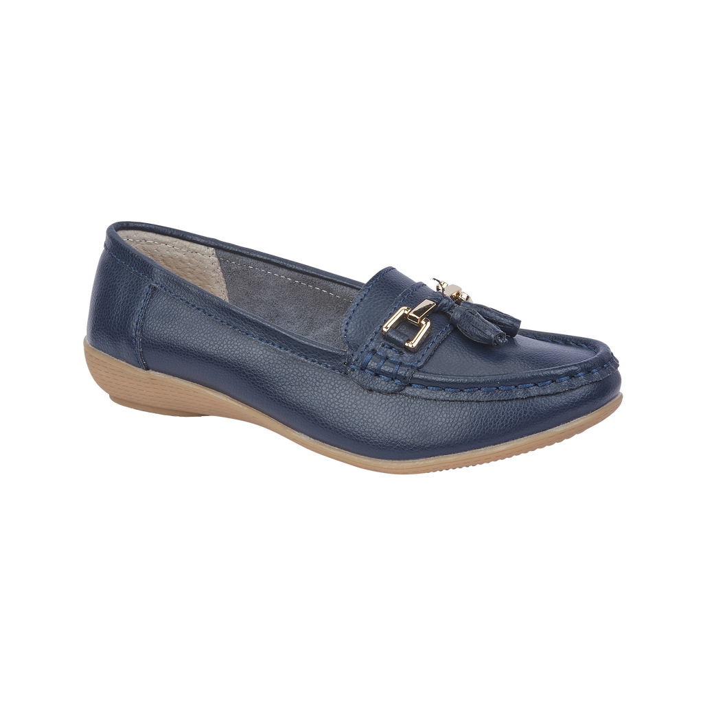 Navy blue leather loafer shoe with tassel gold trim Nautical JO & JOE