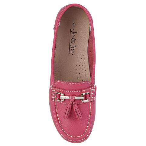 Bright pink leather loafer shoe with tassel gold trim Nautical JO & JOE