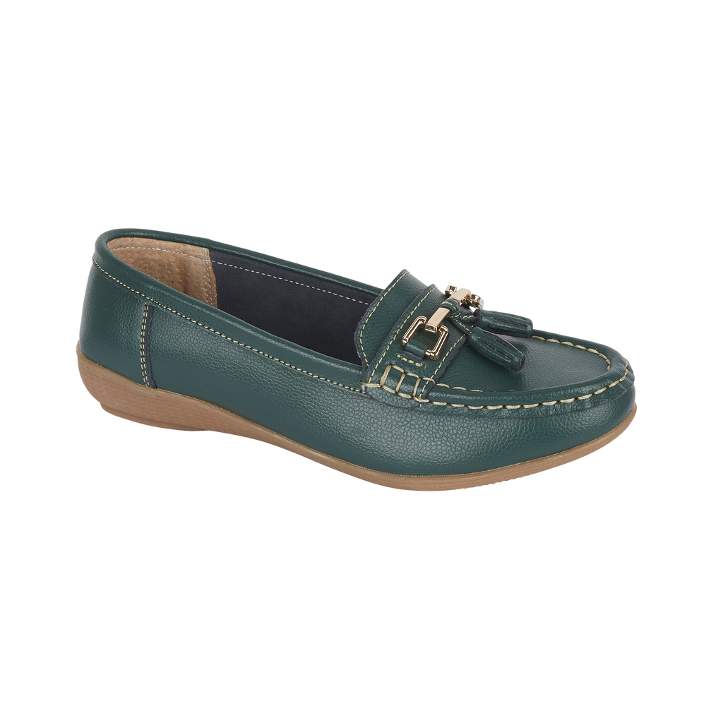 Dark green leather loafer shoe with tassel gold trim Nautical JO & JOE