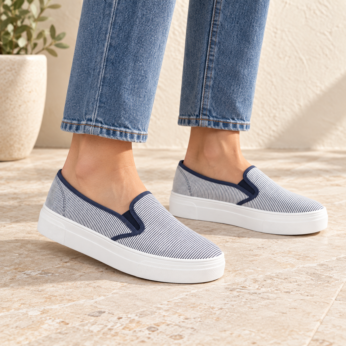 Orla Navy Striped Slip On Twin Gusset Canvas