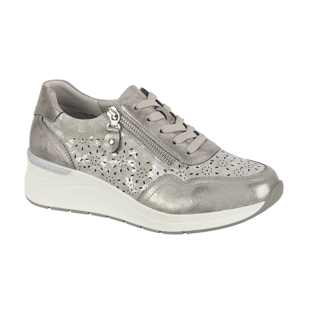 Instep Shoreditch ladies pewter wedge trainers with lace and side zip Shoes by Emma 
