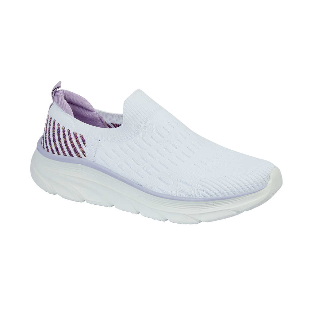 Front ladies slip on fly knit trainer white lilac Spritz Urban Jacks  