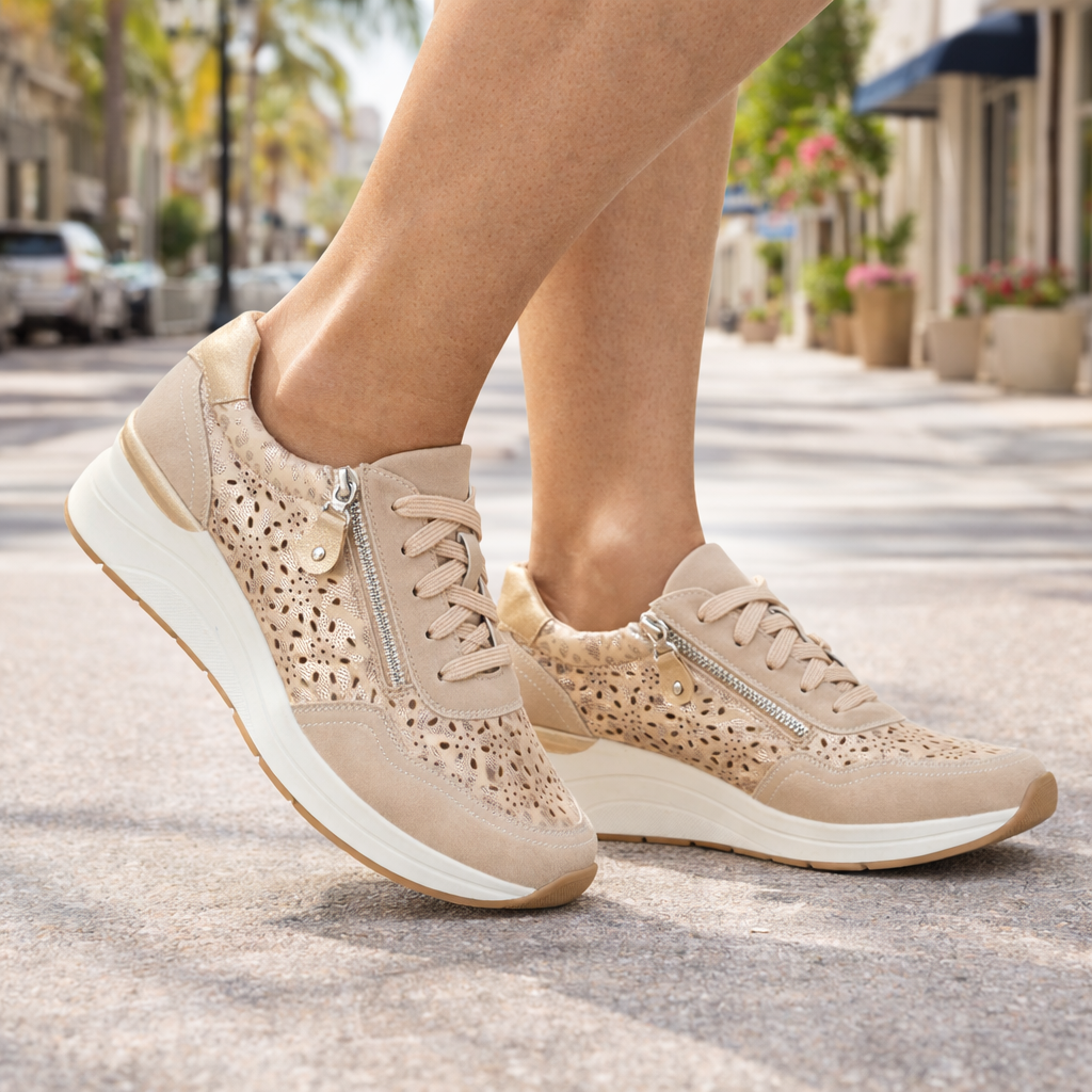 Pair on model Shoreditch ladies beige  wedge trainers with lace and side zip Shoes by Emma 