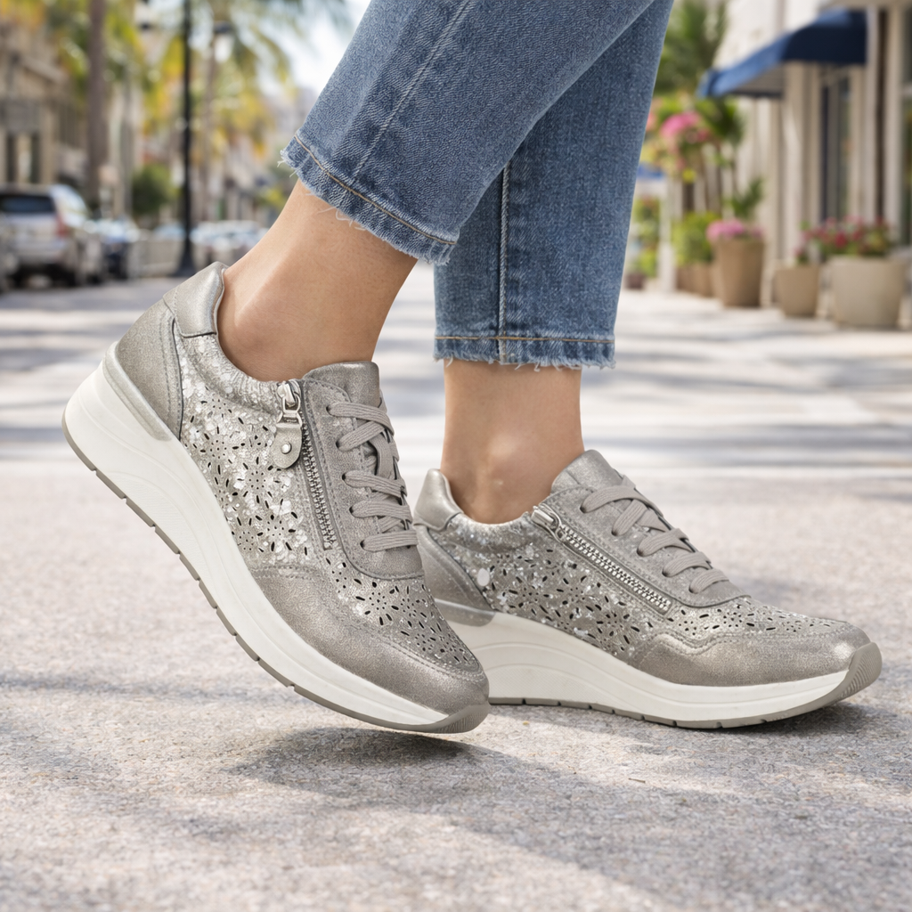 Pair on model Shoreditch ladies pewter wedge trainers with lace and side zip Shoes by Emma 